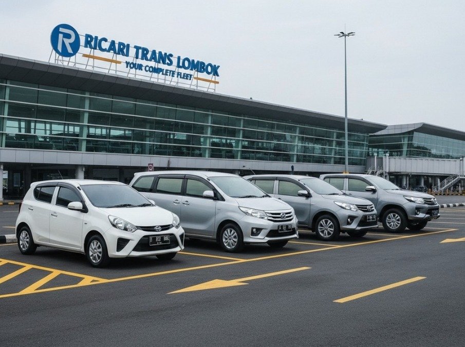 Fleet of Ricari Trans Lombok rental cars parked outside a modern airport terminal building.